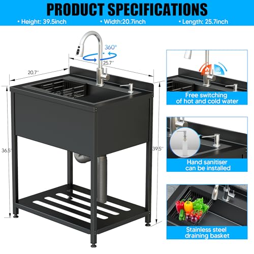 Image of Stainless Steel Utility Sink, 25.7 inch x 20.7 inch x 39.5 inchFreestanding Sink with Cold and Hot Water Faucet,Hoses and Drain Kit for Kitchens, Bathrooms, Garage, Laundry Room