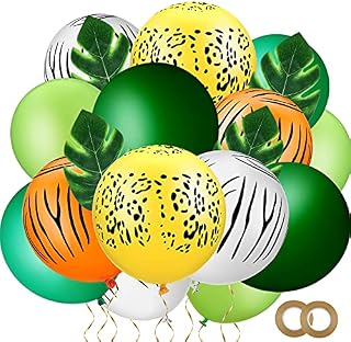 44 Pieces Jungle Safari Theme Party Balloons Set Includes Animal Striped Balloons Palm Leaves Green Balloons with Ribbons for Jungle Theme Party Supplies Birthday Party Baby Shower Decorations