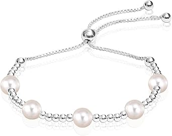LeCalla 925 Sterling Silver Pearl Bracelets for Women | Adjustable Slider Simulated Pearl Beaded Bolo Bracelet Jewelry Gifts for Mom Wife