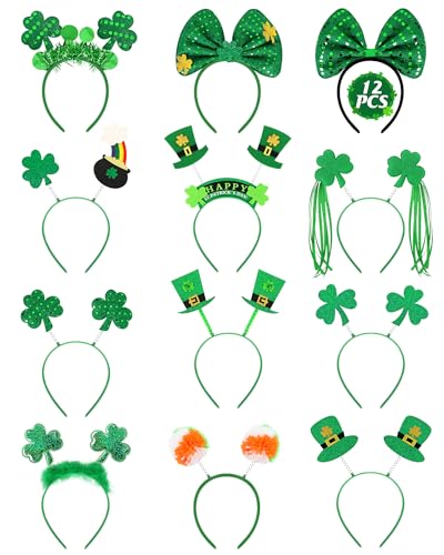 12 PCS St Patricks Day Headbands, Glitter Green Shamrock Headband St. Patrick's Day Accessories for Women, Saint Patricks Day Headband Boppers for St Patricks Day Costume Party Favors Supplies