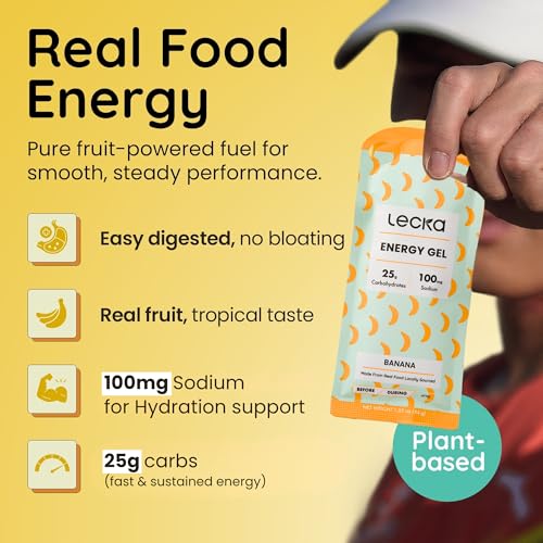 Image of Lecka Energy Gel Banana - 25g Carbs, 100mg Sodium - Real Fruit, No Maltodextrin, Vegan, Gluten-Free - Running and Triathlon Fuel (24 Pack)