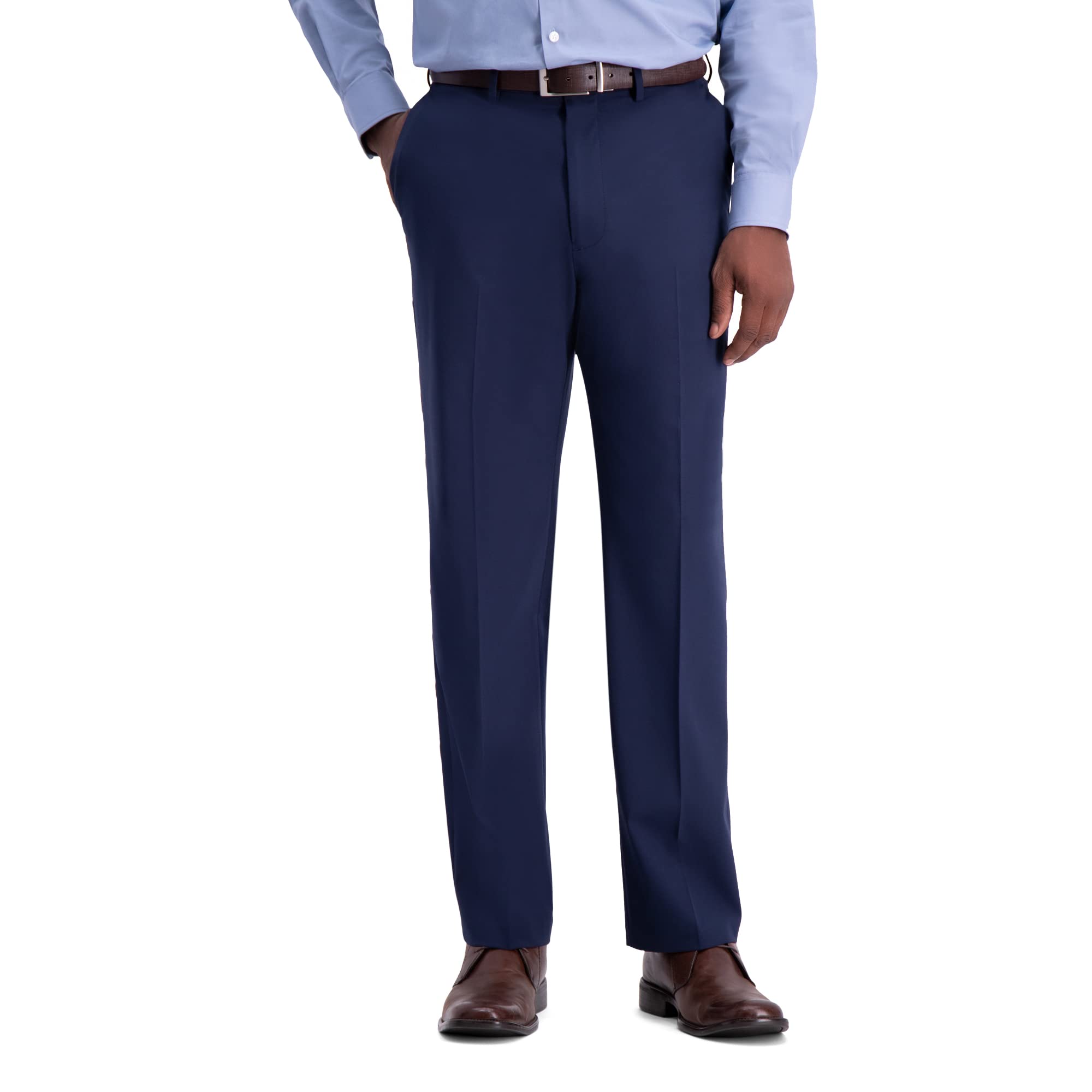 Haggar Mens Classic Fit Flat Front Solid Stretch Dress Pants, Blue, 34W x 32L US