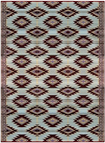 BalajeesUSA Recycled Outdoor Plastic Patio Rugs Clearance Waterproof RV Camper Rug Large Reversible mats 9'x12' Red, Black, Sky Blue and Yellow 20300