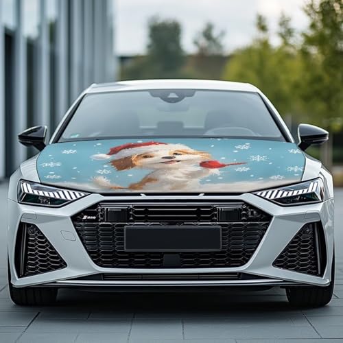 Image of Christmas Dog Print Car Hood Cover Stretch Polyester Fabric Cover for Car Hood Waterproof Car Hood Protector Easy Installation for Christmas Decoration Gifits