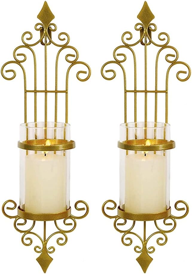 2 Pcs Wall Sconce Candle Holder Antique-Style Golden Metal Wall Art Decorations for Living Room Bathroom Dining Room