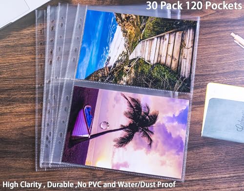 30 Pack 120 Taschen A4 Foto Hüllen für A4 2/3/4 Ringbuch, Transparente Postkartenhüllen, 2 Fächer, Doppelseitiger 2 Taschen Foto Seitenschutz,Top Loading Fotoalbum Nachfüllseiten Foto A5(219x152 mm)