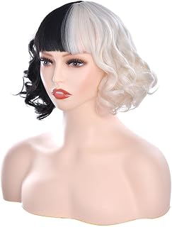Mystylecos Cruella De Vil Cosplay Wigs with Bangs Short Wavy Half Black Half White Wig for Women Heat Resistant Synthetic Hair