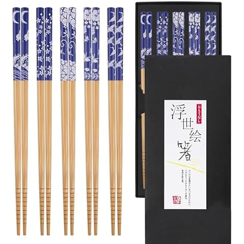 Lionsoming Chopsticks Gift Set, 5 Pairs of Reusable Natural Chopsticks in a Beautiful Black Handmade Box, Dishwasher Safe, 9.5 Inch/24cm (Navy Blue) Cover