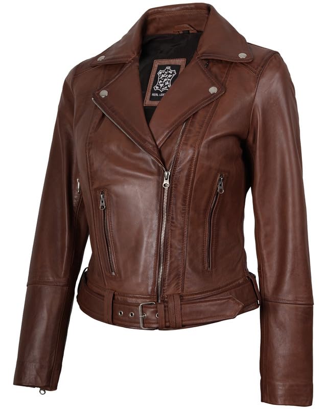 Decrum Real Leather Jacket Women – Motorcycle Style Assymetrical Leather Jacket Womens