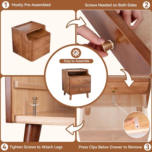 Image of Nightstand with Drawers, Pre-Assembled, 19.7 inch H Natural Solid Wood Night Stand with Open Sliding Shelf, Mid Century Modern Small Bedside Table Cabinet for Bedroom, Walnut, 16 inch