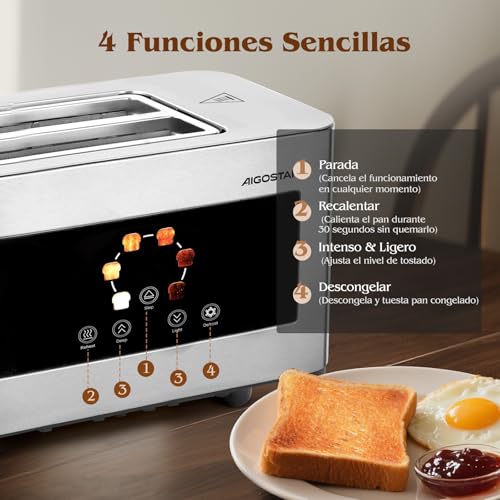 Aigostar Tostadora de 4 Rebanadas, Pantalla Táctil LED, Doble Ranura Larga y Extra Ancha de 4 cm, 6 Niveles de Tostado, Funciones de Recalentar, Descongelar y Parada, Acero Inoxidable, 1400W - imagen 5