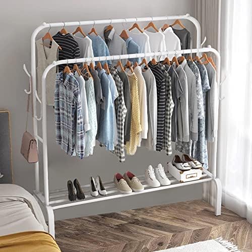 Clothes Rail Metal Garment Rack Freestanding Hanger Display Stand Double Rail Bedroom Clothing Rack with 4 Side Hooks, 1 Tier Lower Storage Shelf for Shoes Boxes 4.92ft Double Rod Coat Drying Rack
