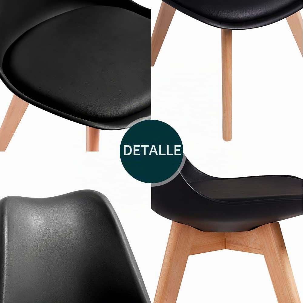 DEWINNER Pack de 6 Sillas de Comedor, Sillas de Cocina, Asiento Acolchado Tapizado y Patas de Madera Maciza de Haya, Silla Negro