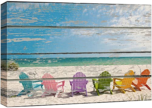 wall26 Canvas Print Wall Art Rainbow Beach Chairs on The Beach Nature Ocean Wood Panels Photography Nautical Scenic Colorful Multicolor Cool Zen for Living Room, Bedroom, Office - 12"x18"