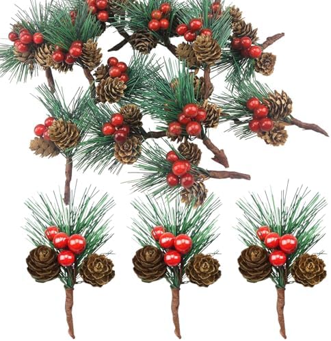 RHQFDM 20 Stück Künstliche Tannenzweige Mit Roten Beeren - Weihnachtsdeko Für DIY Kränze