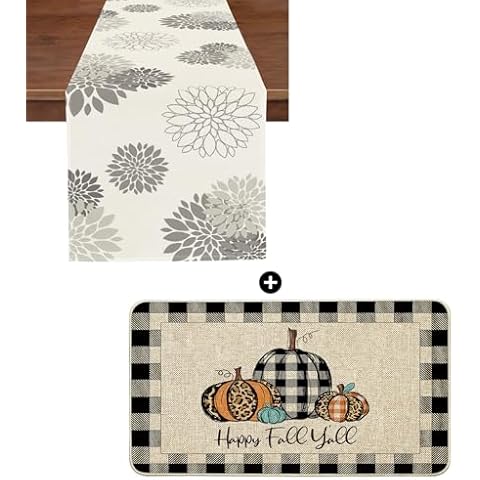 WHOMEAF Happy Fall Y'all Doormat Gray Dahlia Flower Beige Table Runner Modern Elegant Home Decor Cover
