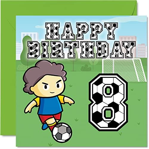 8th Birthday Card Boy - Football Fan - Happy Birthday Card 8 Year Old Boy, Boys Birthday Cards for Him, 145mm x 145mm Greeting Card for Son, Brother, Grandson, Nephew, Cousin, Eighth Birthday