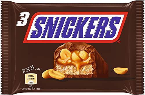 Snickers - SNICKERS - Barre chocolat au lait, cacahuètes et caramel - 3 barres individuelles de 50g - 150g