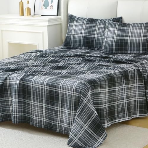 Image of MUXHOMO TwinXL Size 4 Piece Sheet Set, Soft Breathable Bed Sheet Set for Bedroom with Deep Pocket Up to 16 inch, Wrinkle-Free & Cooling Bedding for Oeko-TEX Certified - Black /White Plaid