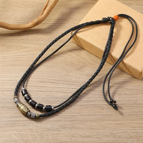 Double Layers Braided Black Leather Meatal Beaded Necklace with A Big Oval Metal Bead Simple Stylish for Summer Beach Surfer2