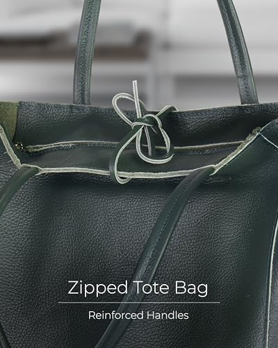Image of Genuine Italian Leather Tote Bag for Women, Large Slouchy Purse, Dark Green | Unstructured bag, raw unlined interior with zip pocket, top zipper, side ties, folds flat, fits a 16-inch laptop, lightweight