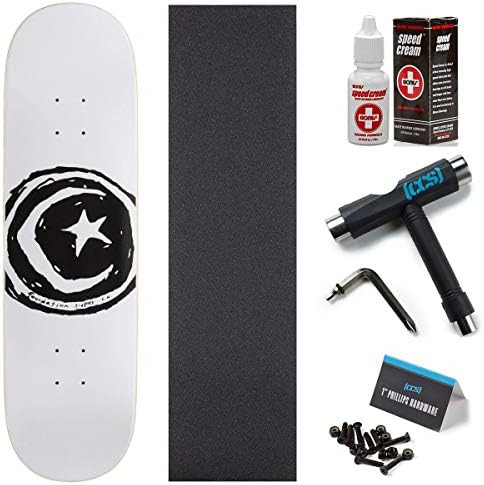 Foundation Star and Moon Skateboard Deck - White - 8.25" with Bones Speed Cream, CCS Grip, Skate Tool, and 1" Hardware