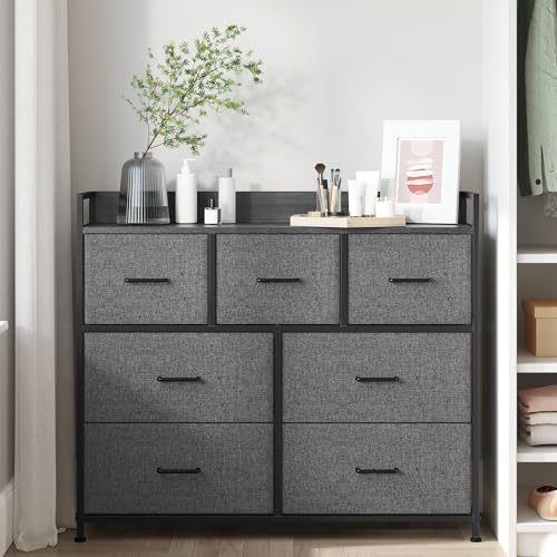 SONGMICS Chest of Drawers, Bedroom Cabinet, 7 Fabric Drawers with Handles, Metal Frame, Slate Grey and Anthracite Grey LTS523G22