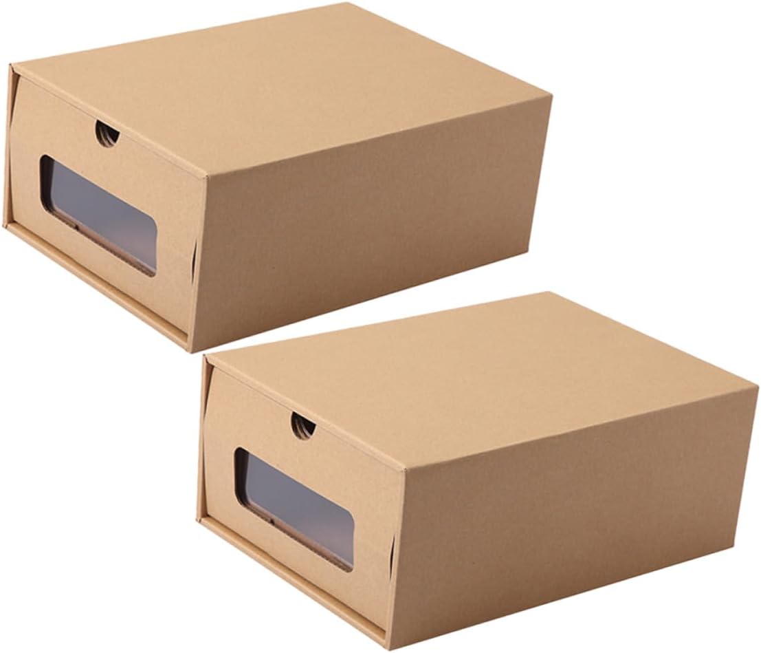2pcs Transparent Paper Shoe Boxes with Window Thickened Drawer-style Shoe Storage Containers for Home Closet Khaki Design