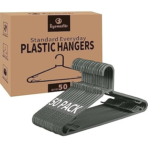Byomostor Plastic Hangers 50 Pack, Light Weight Durable Clothes Hangers with Hooks Standard Size G-Shape&Non-Slip Coat Hangers for Everyday Use (Grey) Cover