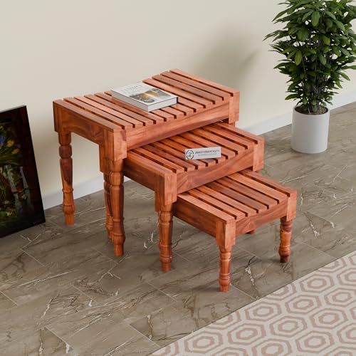 Image of Jangid Handicraft Solid Sheesham Wood Nesting Table for Living Room | Wooden Nesting Tables Set of 3 with Design Legs for Decor | Side Table Set & Stool Furniture for Office & Garden | Honey Finish