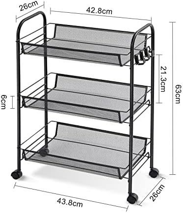 APEXCHASER 3-Tier Rolling Cart,Easy Assemble Mobile Storage Trolley On Wheels,Slide Out Utility Cart Shelving Units Kitchen Bathroom Laundry Room,Black