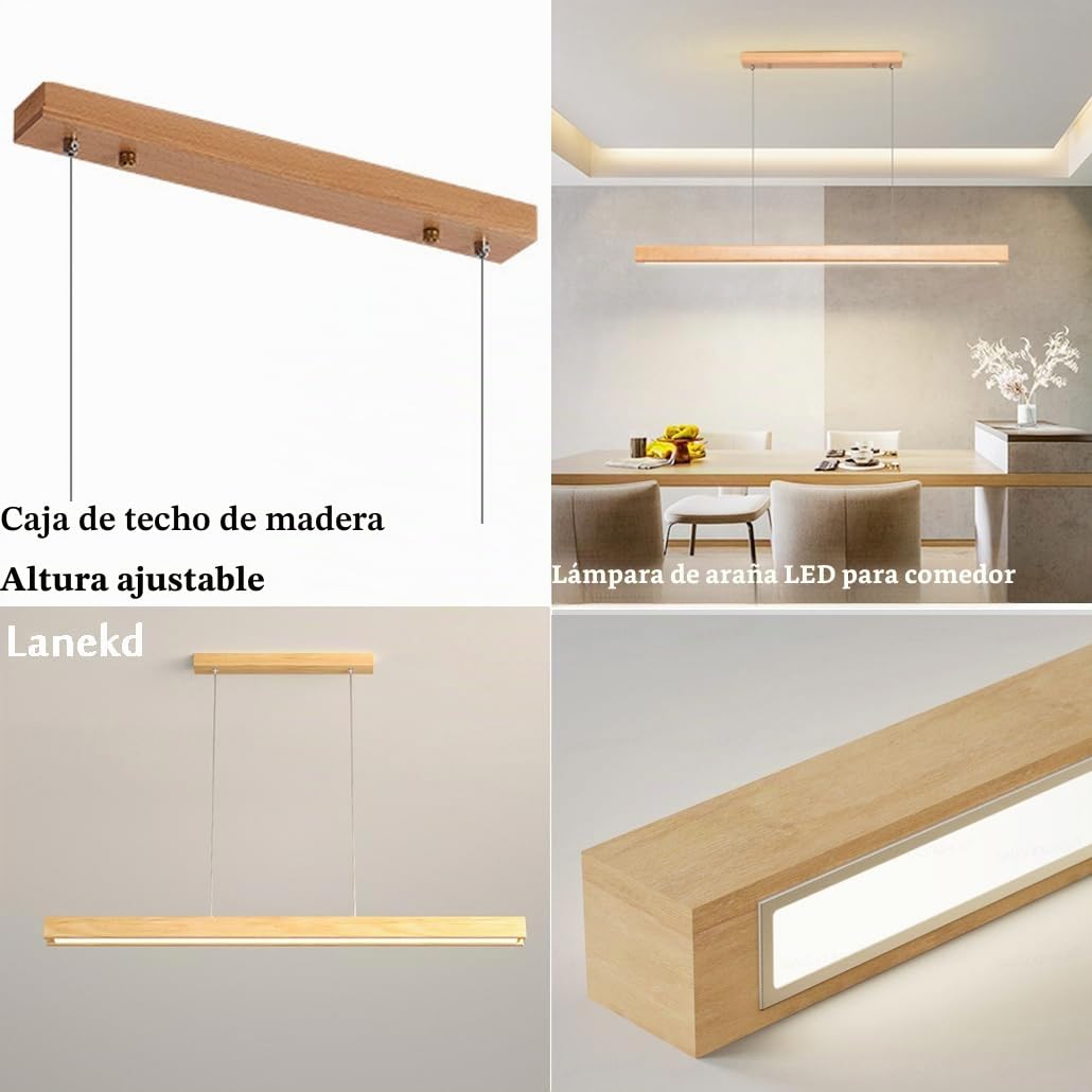 Moderno LED Lámpara Colgante de Madera Dimmable para Mesa de Comedor - Diseñador Lineal Altura Ajustable - Araña para Cocina Oficina