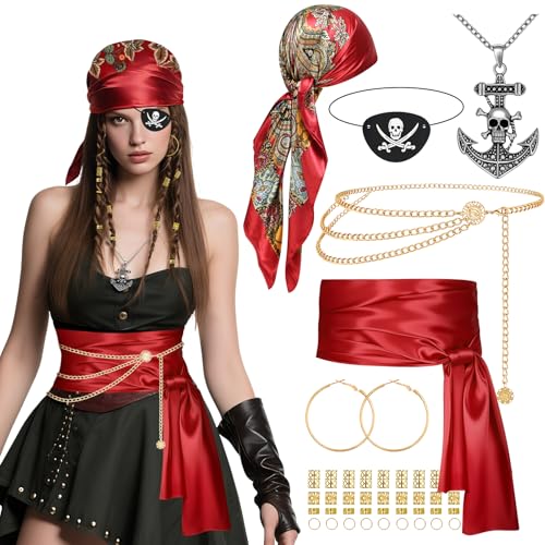 Piratenkostüm Damen Zubehör 47 Stück Mittelalter Piraten Verkleidung Accessories mit Pirat Kopftuch Gürtel Hüftkette Halskette Augenklappe Ohrring - Damen Piraten set für Karneval Mottopartys