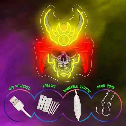 Image of Sumurai skull Neon Sign For Wall Decor, Colorful UV Printed Neon Light with Retro Design, LED Artwork for Bar, Bedroom, Game Room, Party Decoration Holiday Birthday Gifts