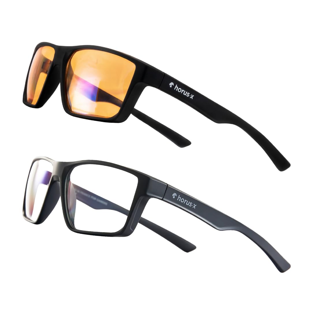 Horus X Lunettes Anti lumière Bleue Gaming et Bureau Homme Femme pour Ecran | Anti Fatigue & Migraine Oculaire | Pack Transparent + Ambré