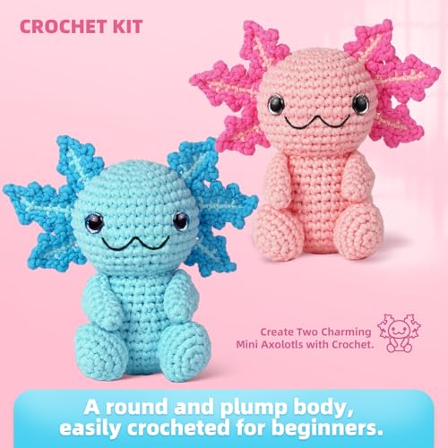 Image of MOREJMTT Crochet Kit for Beginners, Crochet Animal Kits,Crocheting Kit for Starters with Step-by-Step Video Tutorials, Beginner Crochet Kits for Adults (2Pack Axolotl)