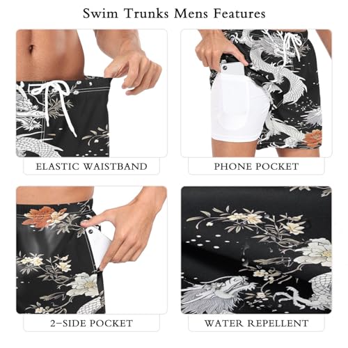 Black Dragons Mens Swim Trunks with Compression Liner 4.7" Inseam Quick Dry Swimming Shorts#7364