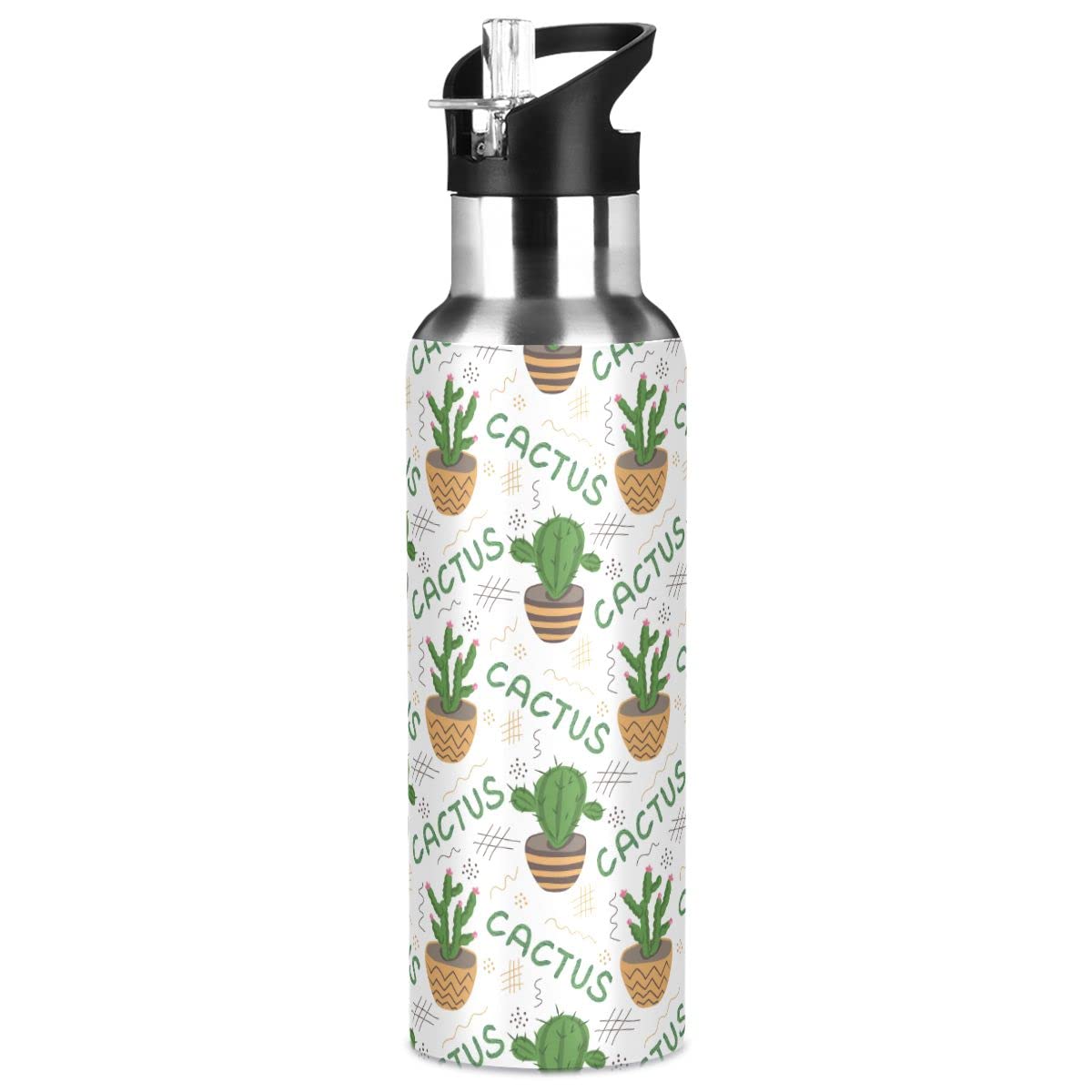 Edelstahl-Wasserflasche mit Strohhalm, niedlicher Kaktus-isolierter Trinkflasche, Sport-Wasserflasche für Kinder und Erwachsene, auslaufsicher, 1 l