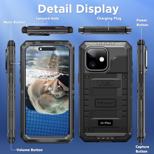 Mitywah Waterproof Case for iPhone 16 Plus, Shockproof Heavy Duty Case with Built-in Screen Protector, Underwater Full Body Protective Metal Case 6.7 inch, Black by Mitywah - Used condition - Image 7
