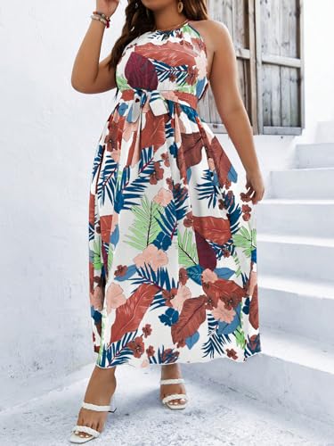 Image of Floerns Women's Plus Size Boho Sleeveless Halter Neck Tie Back A Line Long Dress