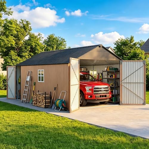 Aoxun 12x20x9.3 FT Metal Storage Shed Outdoor Large Garage Shed Carport with Double Doors,Side Door & Windows, Heavy Duty Garden Tool Shed All-Weather Outdoor Building for Vehicles & Sundries(Brown)
