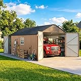 Aoxun 12x20x9.3 FT Metal Storage Shed Outdoor Large Garage Shed Carport with Double Doors,Side Door & Windows, Heavy Duty Garden Tool Shed All-Weather Outdoor Building for Vehicles & Sundries(Brown)