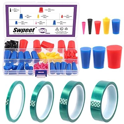 Swpeet 104Pcs 36 Yards 4 Sizes 1/4,1/2, 7/10, 1 Green Powder Coating Masking PET Tape with High Temp Silicone Rubber Protective Tapered Plug Assortment Kit for Painting, Powder Coating
