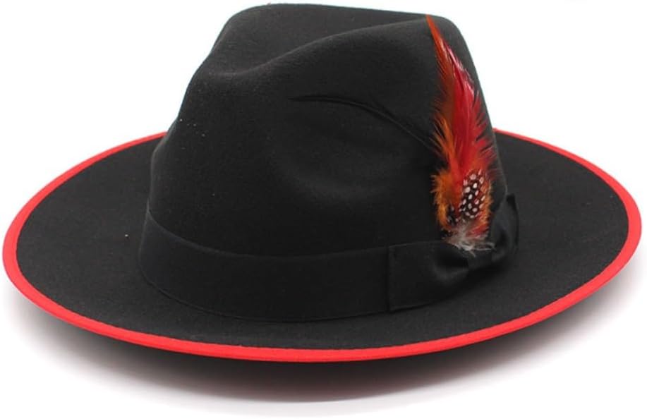 Classic Western Cowboy Hat, Black Felt with Feather Detail, Wide Brim, Red Trim