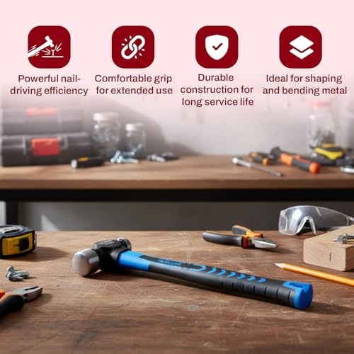 Image of DeNeers DN 4033, 448 grams Ball pein hammer Fiberglass, used for driving nails and various other applications. Used in Carpentry, Plumbing, Household, professional & DIY