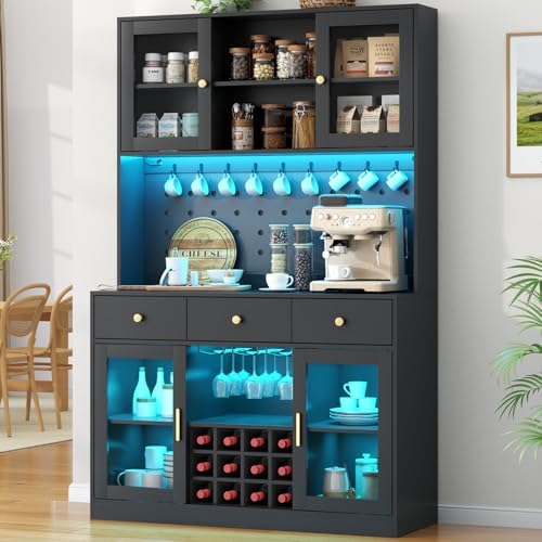 72" Tall Wine Bar Cabinet with Storage Hutch & Pegboard, Coffee B...