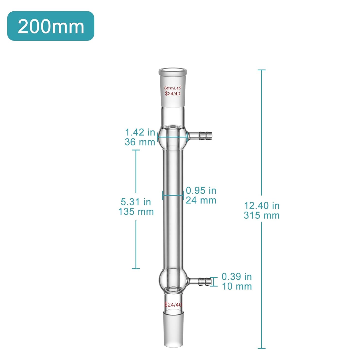 stonylab West Condenser, Borosilicate Glass Liebig Condenser with 24/40 Joint, Jacket Length 200 mm, Chemistry Laboratory Glassware for Distillation, Reflux