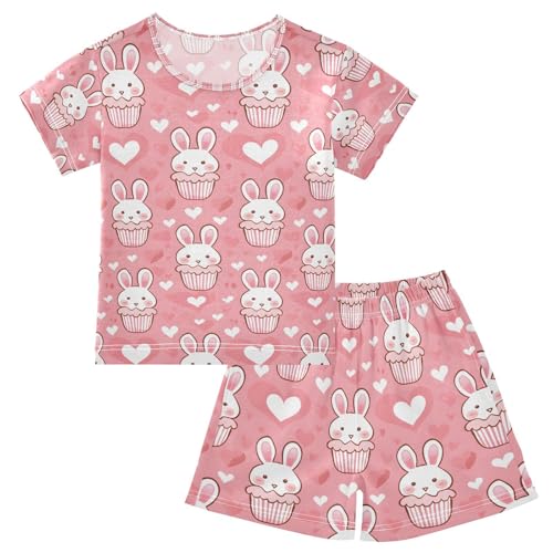 ALAZA Cute Rabbit Cupcake Heart Pajamas Set Short Sleeve Cotton Sleepwear Summer Pjs 2 Piece 5-14Y