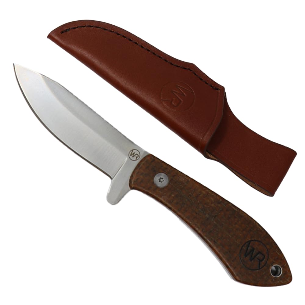 WHISKEY BENT HAT CO. Drop Tine Traditional Fixed Blade Knife 440C Damascus Steel 3.75" Blade w/Leather Sheath 7" Overall Length (Burlap Canvas, 7" - Overall Length)