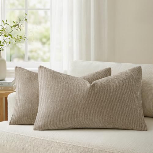 a moment Pack of 2 Decorative Chenille Cushion Cover Throw Pillow Covers with Twill Cushion Covers for Sofa Living Room Couch Bed 12x20 Inch Light Brown